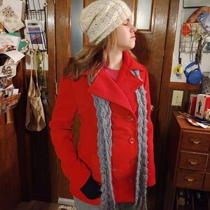 Beautiful red long poly/wool blend peacoat by Rue21 Christmas red